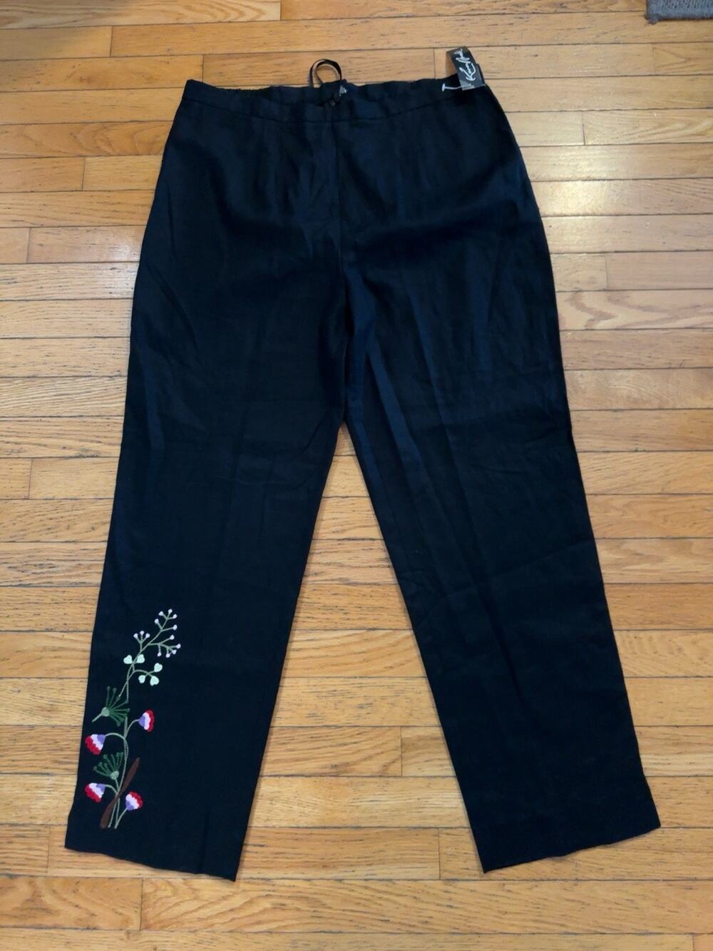 Karen Arnold Womens 16 Black Linen Blend Embroidered Floral Straight Leg Pants